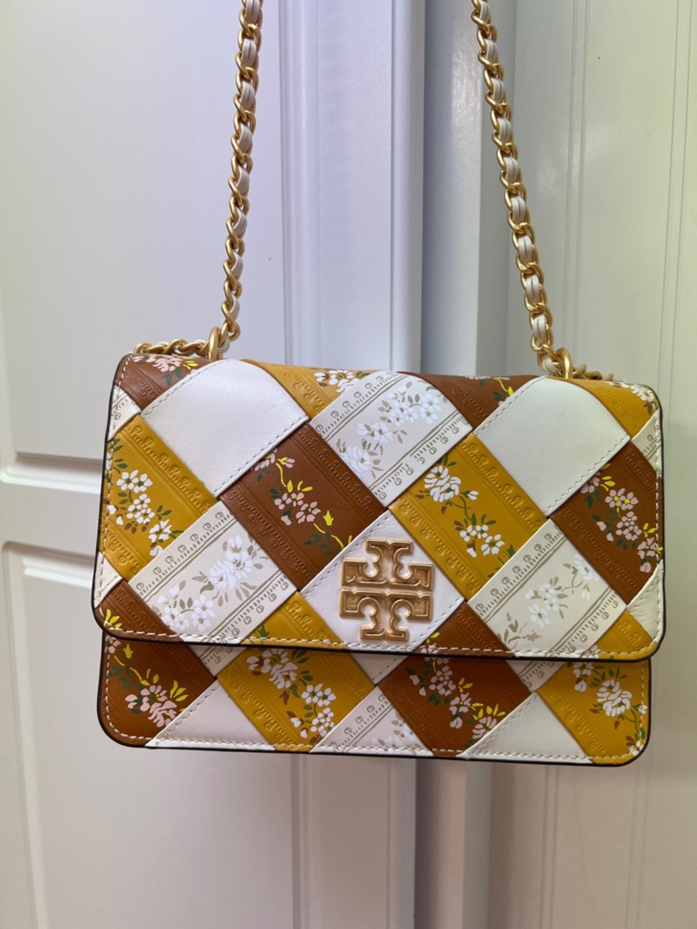 Tory Burch Patchwork Floral Leather Shoulder Bag in White, Brown & Mustard